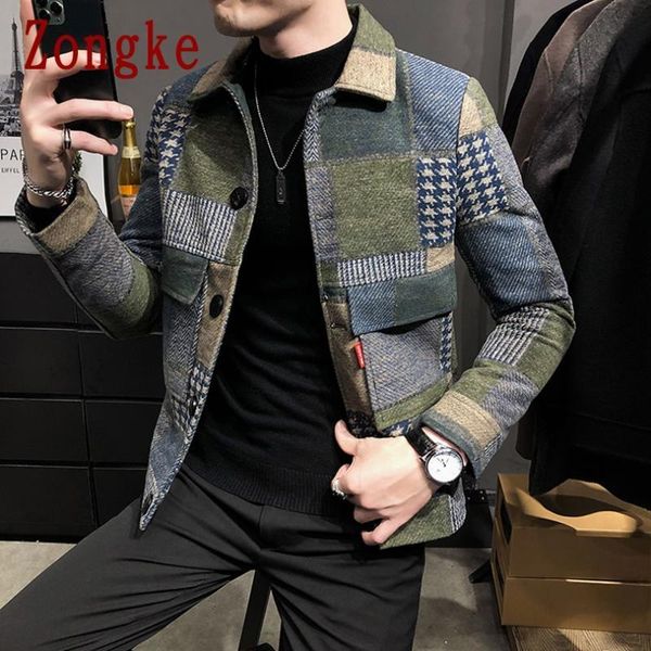 

mens jackets zongke woolen plaid bomber jacket japanese streetwear men winter coat m-3xl, Black;brown