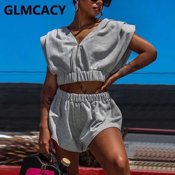 

two piece casual suits summer crop sweatshirt & loose shorts set 210702, White