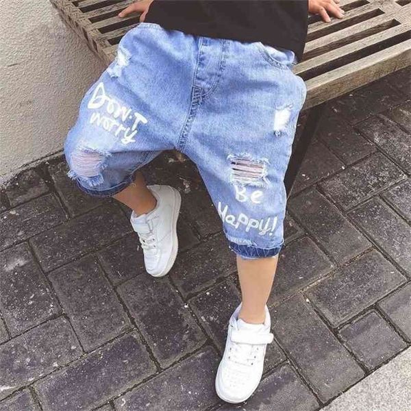 

summer letter print toddler boys short pants children hole denim shorts kids casual cotton 2 colors straight pant 210723, Black