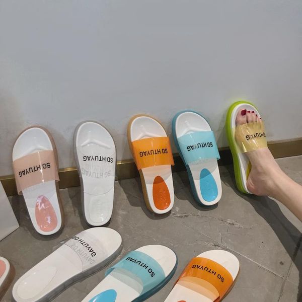 

dress shoes summer women letter transparent jelly brand candy color heels sandals girl beach designer female casual open toe flip flop, Black