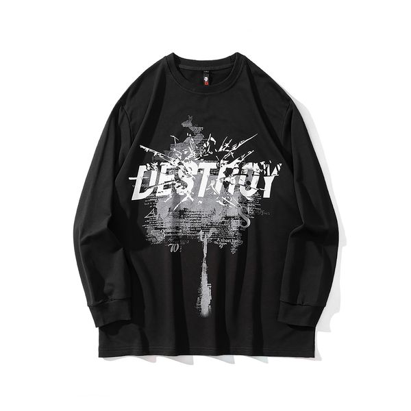 

high street dark letter printing large size thin sweater male youth hip hop long sleeve round neck pullover cotton, Black