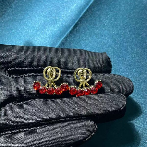 

ladies fashion jewelry high-end small red rhinestone letters color preserving ancient gold electroplating luxury lady temperament female ear, Golden;silver