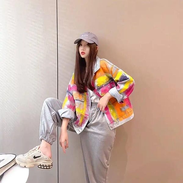 

women's jackets fashion blue denim jacket female korean short hand painted graffiti print jeans autumn casual coat loose streetwear, Black;brown