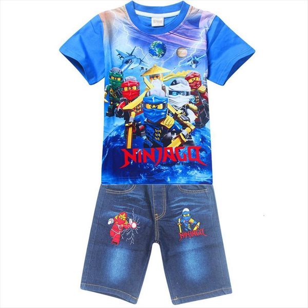 

4 9years old ninjago children kids clothing sets summer cotton boys tees and jeans pants suits, White