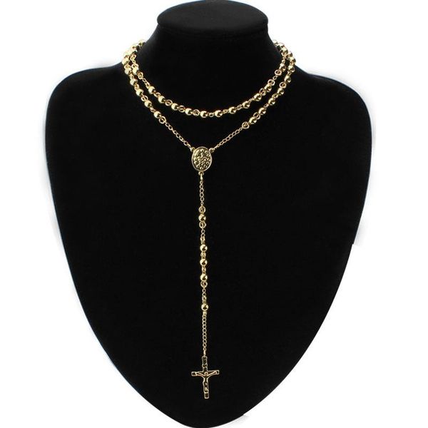 

chains fashion religious 4/6/8/10mm rosary beads cross pendant necklace 316l stainless steel jewelry men womens jewellery gift, Silver