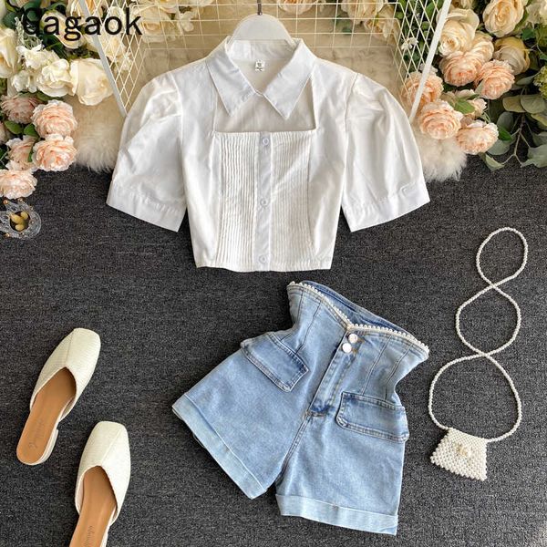 

streetwear two piece set women summer navel fashion chic wild outfits hollowout solid blouses + shorts 210531, White