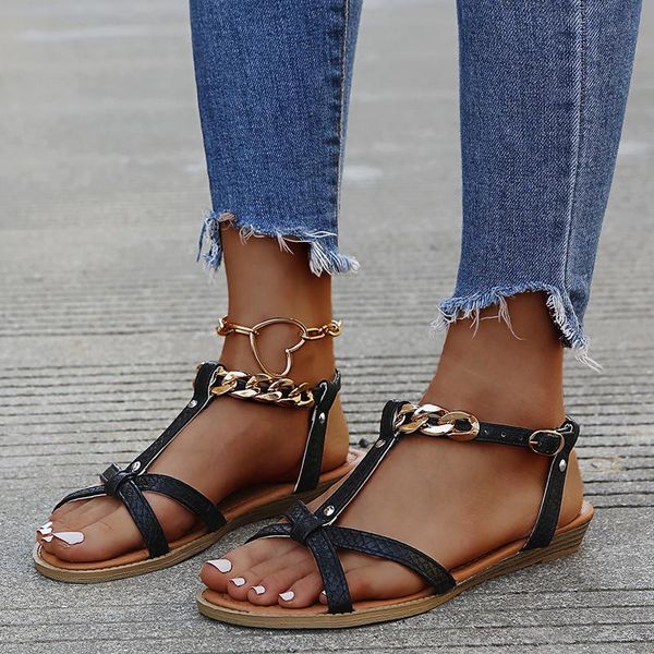 

sandals women retro fashion summer plus size shoes solid color casual sandal metal buckle straps beach 2021 ladies, Black