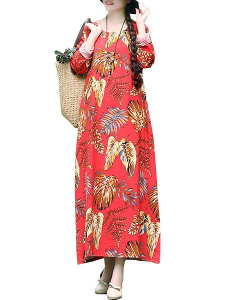 

casual dresses 2021 fashion ethnic women dress colorful floral leaves print side pockets long sleeve loose maxi gown one-piece spring, Black;gray