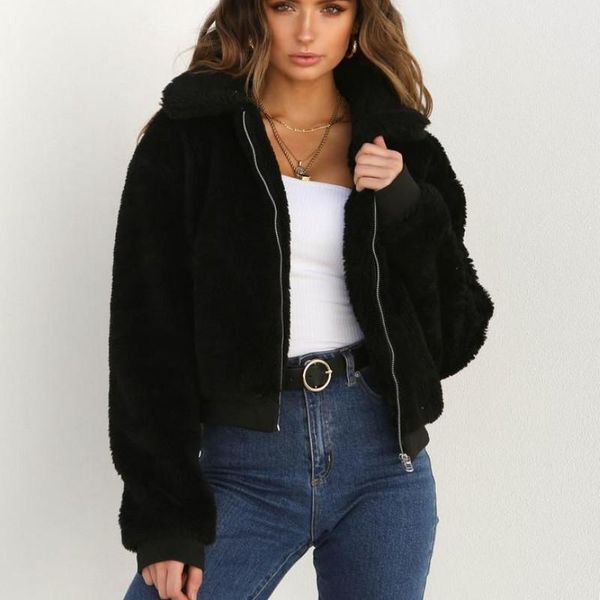 

women's jackets fleece womens thick warm jacket coat solid color casual teddy bear pocket zip up outwear overcoat soft slim, Black;brown
