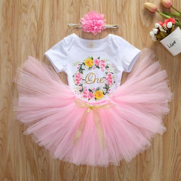 

clothing sets 2021 baby summer born girls letter one birthday clothes 2psc prints romper jumpsuit pink gauze skirt, White