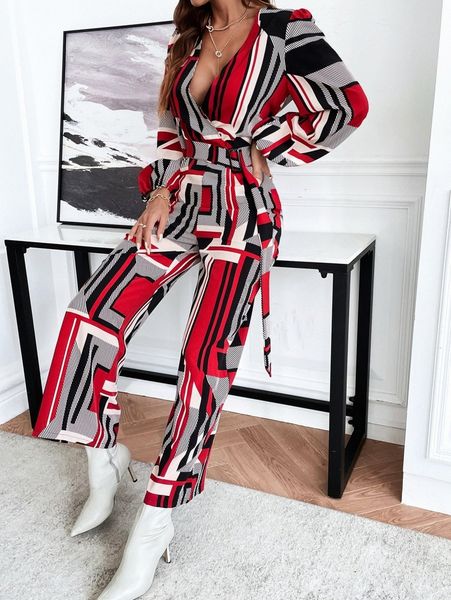 

geo print overlap collar lantern sleeve belted jumpsuit c13a#, White