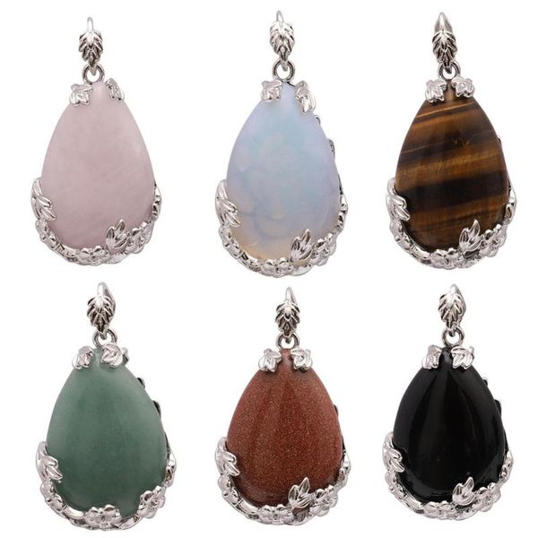 

flower design wrapped stone pendant metal chain pink teardrop necklace for women fashion jewelry necklaces, Silver