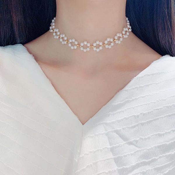 

pendant necklaces fyjs unique light yellow gold color geometric imitation pearl choker necklace for women jewelry, Silver