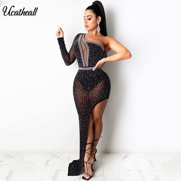

casual dresses one shoulder drilling patchwork mesh see through split women woman party night club bodyocn q0ct, Black;gray