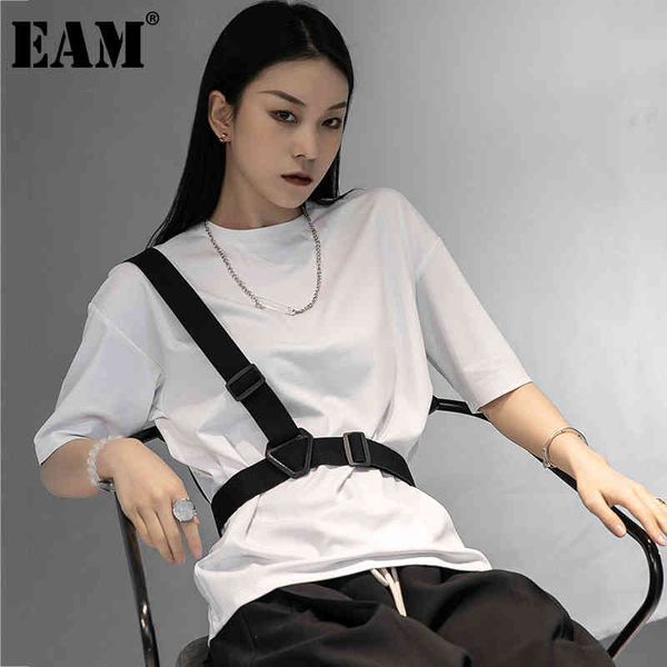 

[eam] women white big size suspenders loose casual t-shirt round neck half sleeve fashion spring summer 1dd7721 21512