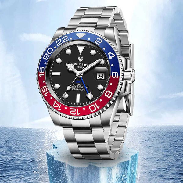 

lige 40mm gmt men mechanical watches 100m waterproof brand sapphire glass stainless steel business automatic men wrist watch 210527, Slivery;brown