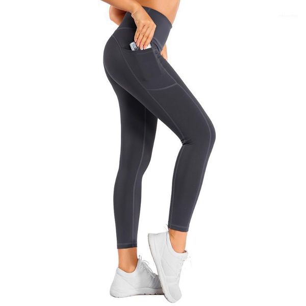 

yoga outfit fitness women leggings high waist hip push up polyester pocket grey stretch sports tights workout athletic gym running pant