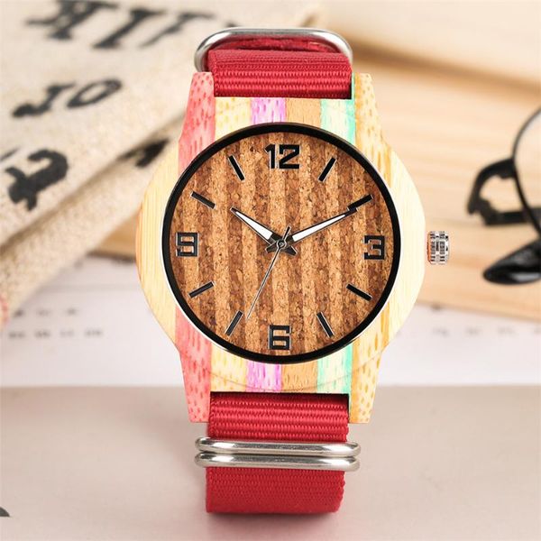 

wristwatches colorful bamboo watch men women fashion red nylon band quartz wristwatch casual wooden timepiece gift clock, Slivery;brown