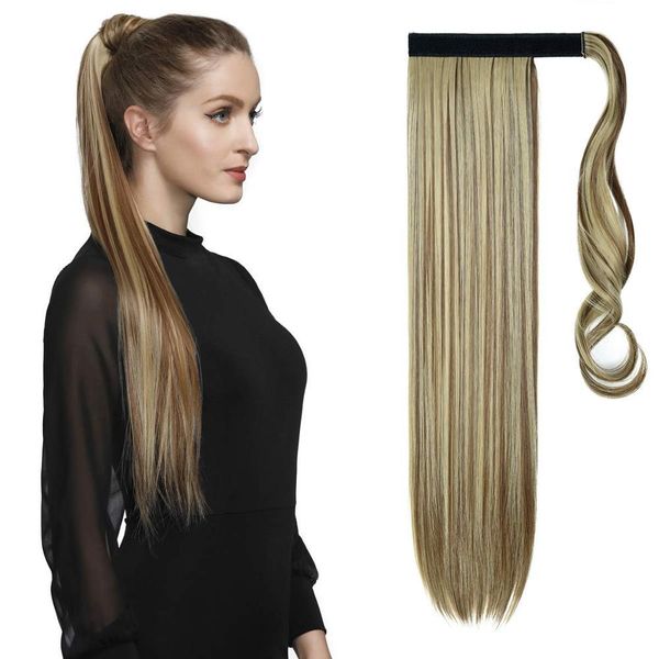 

synthetic straight long ponytail piece wrap on clip extensions ombre brown pony tail blonde fack hair, Golden;silver