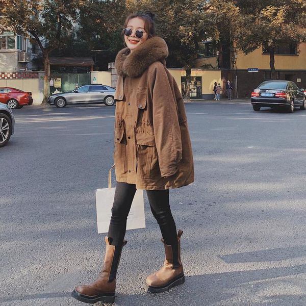

women's down & parkas hooded winter jacket women fur collar coat warm jackets for 2021 lady short casual clothes jaqueta feminina hly20, Black