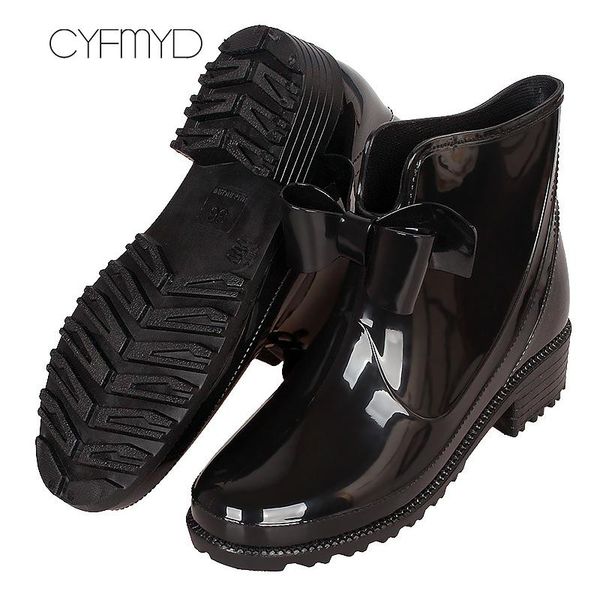 

boots fashion pvc rain women spring/autumn butterfly knot beautiful ankle for girls waterproof solid casual shoes female, Black