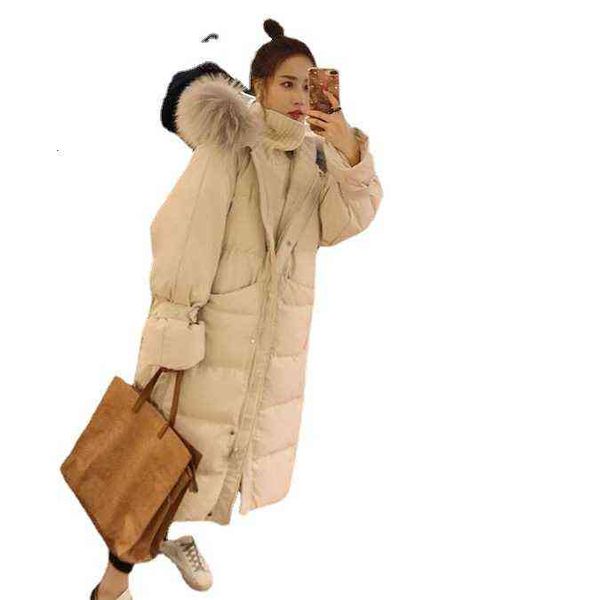 

medium and long knee length cotton padded et female student korean loose down 2021 winter large wool collar, Black