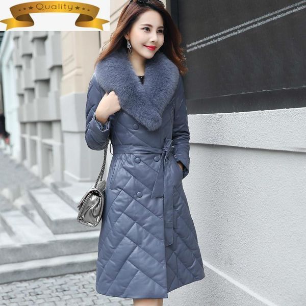 

women's leather & faux genuine winter jacket women fur collar sheepskin coat down korean long coats g1941 my2021, Black