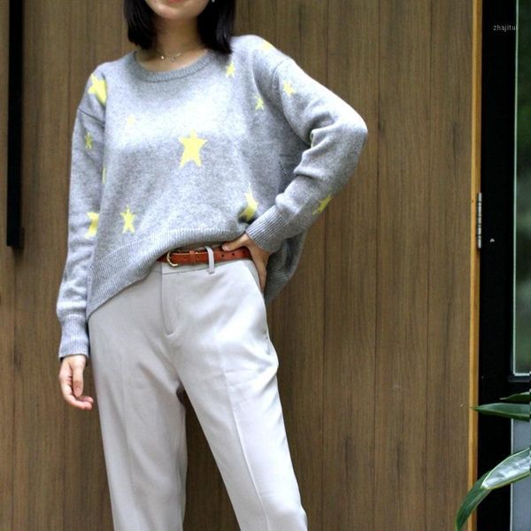 

women's sweaters autumn style western five-pointed star pattern loose and thin cashmere wool round neck pullover sweater, White;black