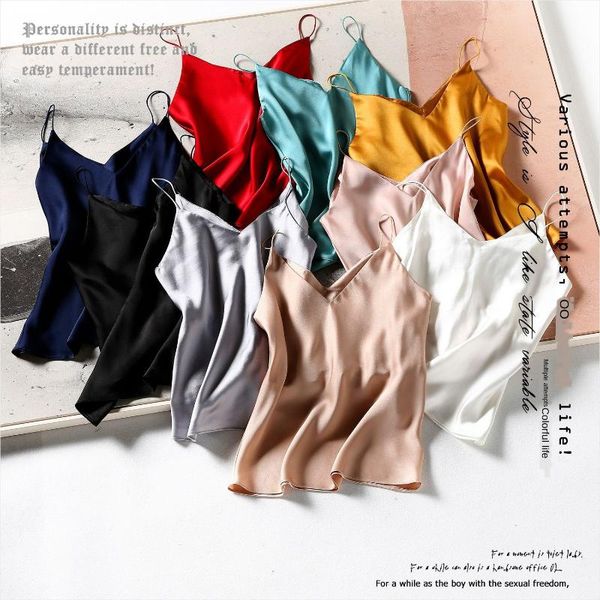 

women's tanks & camis halter silk v-neck mulberry solid color white, pink, yellow, red, green, black, beige, navy blue, silver straight