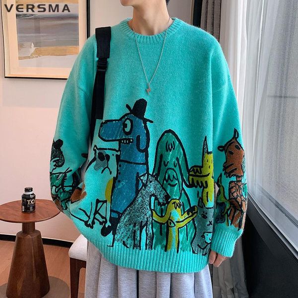 

men's sweaters versma korean designer cartoon anime print white knitted sweater men women autumn chunky long sleeve christmas for male, White;black