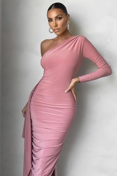 

casual dresses pink brown long sleeve one shoulder bodycon ruffles dress elegant evening party vestidos, Black;gray