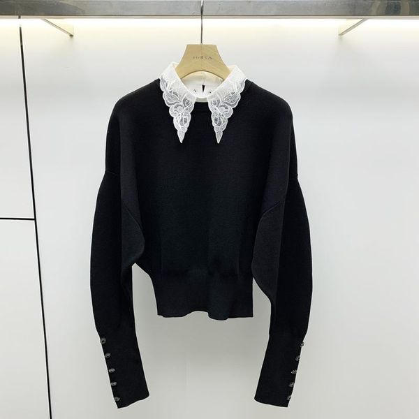 

women's sweaters retro pull over bat wing knitted women sweater pullover white lace collar vintage femme jersey mujer winter autumn, White;black