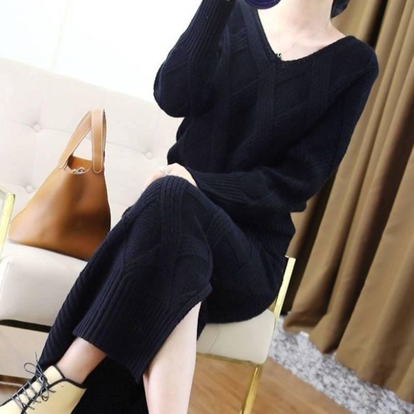 

two piece dress solid pullovers sweater set women long sleeve knitted high waist skirt suits winter outfits, White