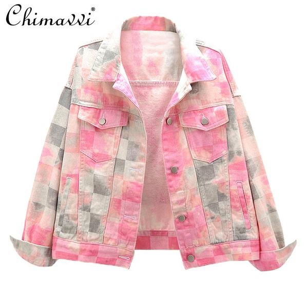 

women's jackets tie-dye print color denim jacket women 2021 short spring/autumn loose korean long sleeve streetwear fashionable coat, Black;brown