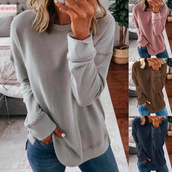 

2021 round neck solid long sleeve women's sweater casual women's top, Black;red