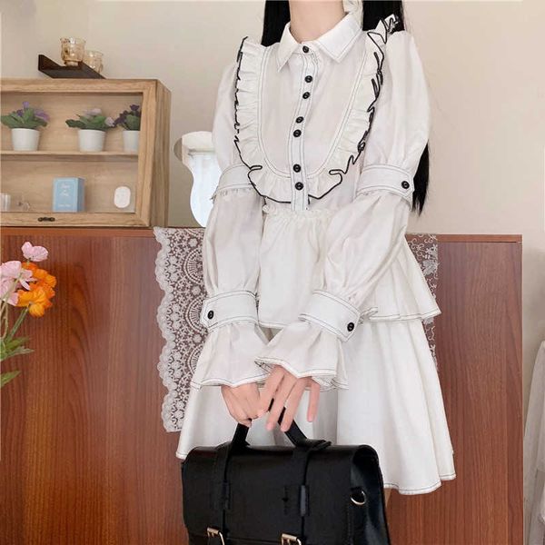 

women's t-shirt kawaii white lolita women spring autumn princess cute contrast stitched chest frilled ruffle sleeve es ladies v2sn
