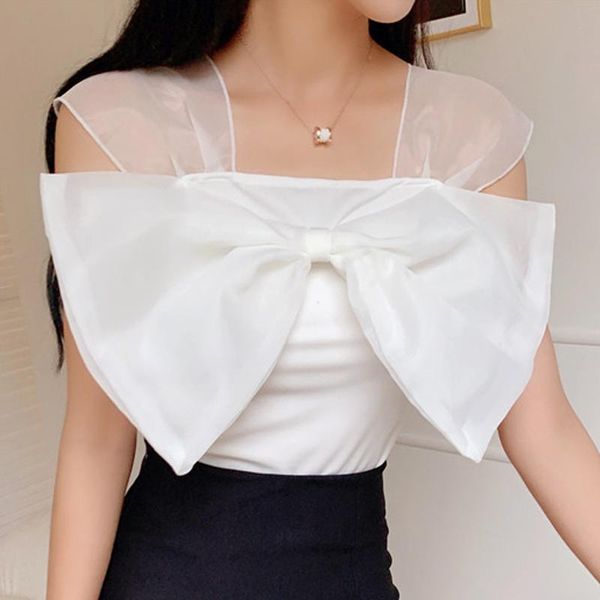 

women's blouses & shirts chiffon sleeveless pullovers women blouse blusa feminina summer korean sling big bow square collar ladies 15i, White