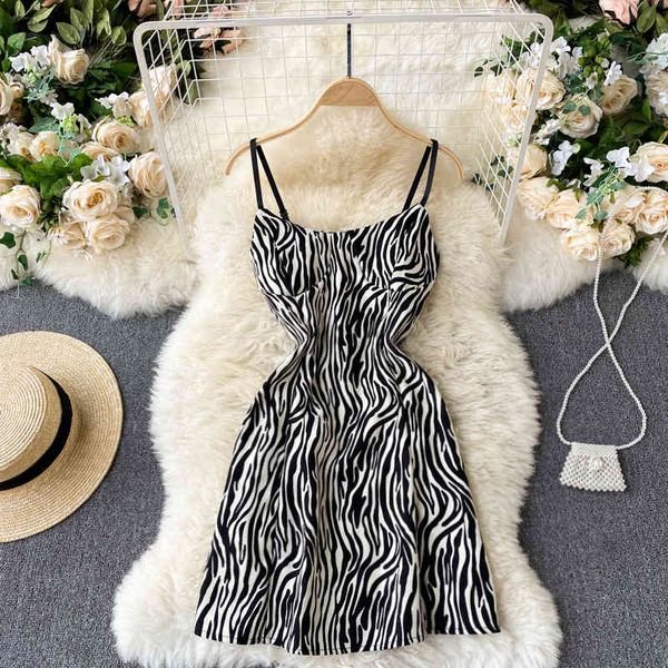 

dresses women zebra print strap v neck backless sleeveless party summer korean chic a-line beach short, Black;gray