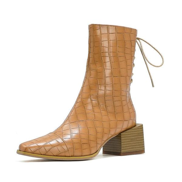

boots fashion zipper women western comfort low heel cross tied ankle lady print square toe autumn winter shoes woman, Black