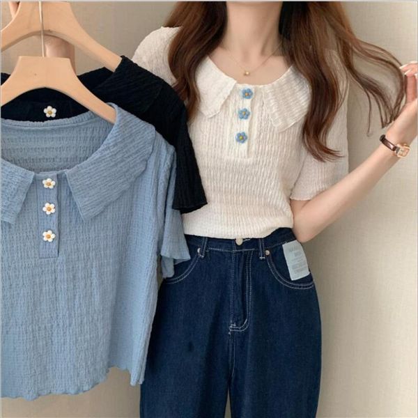 

women's polos flower short-sleeved shirt fold design summer 2021 doll collar short white korean style blouse casual for woman