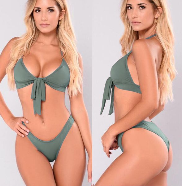 

women's swimwear 3 colors bikini solid bow split swimsuit, White;black