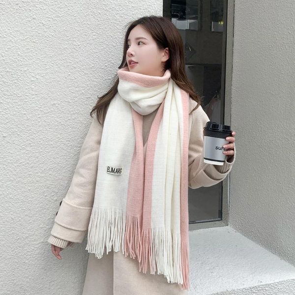 

scarves winter couple two-color splicing scarf female student korean knitted thickened, Blue;gray