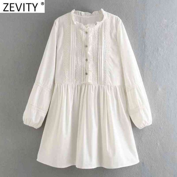 

zevity women sweet agaric ruffles o neck lace crochet patchwork shirt dress female chic pleats party vestido clothes ds4928 210419, Black;gray