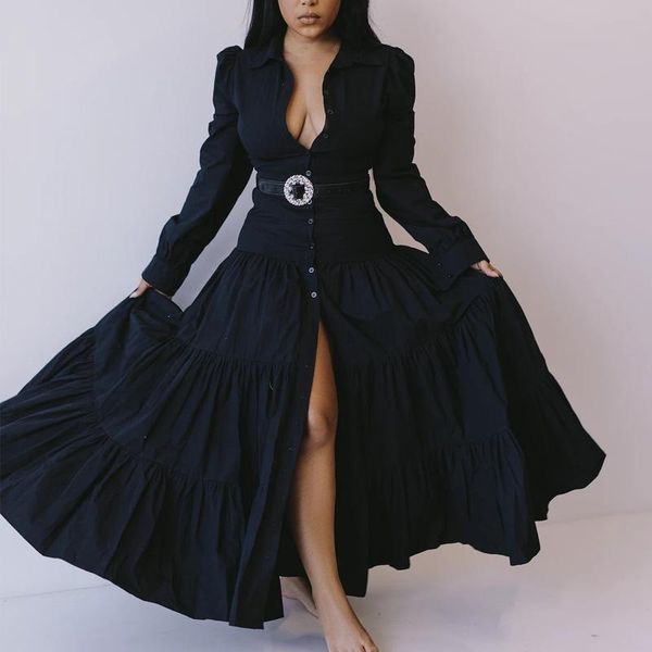 

vintage women long maxi dress black turn-down collar sleeve buttons up big hem patchwork split casual dresses, Black;gray