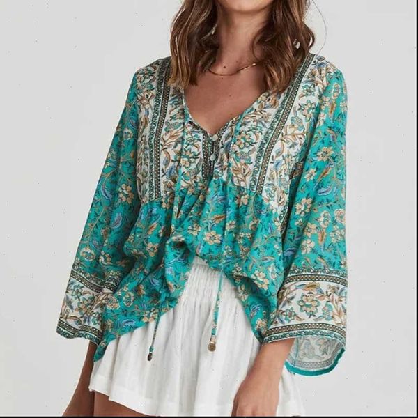 

boho inspired green women shirts floral summer tassel tie blouse buttons cotton bohemian gypsy laidies, White