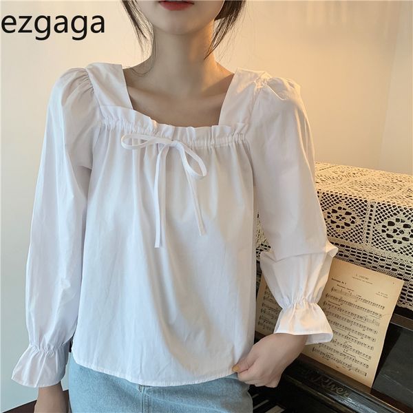 

ezgaga casual shirts women square collar spring korean elegant drawstring solid loose white shirts tender sweet blouse 210430