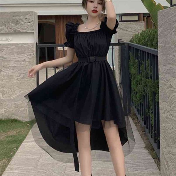 Coreano elegante casual vestido de verão preto mulheres colarinho quadrado vintage manga irregular streetwear MIDI Vestidos 210514