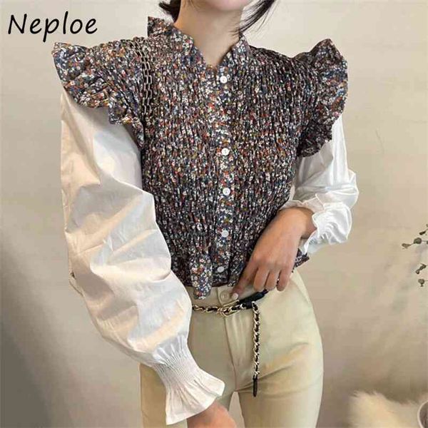 

vintage print slim blouse women stand collar wooden ear patchwork draped blusas pullover long sleeve spring shirt ol 210422, White