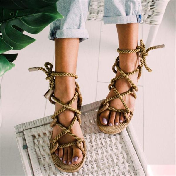 

sandals size 35-43 women lace up rope rome 2021 casuals gladiator cross tied shoes, Black