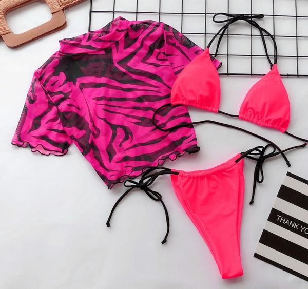 

women's swimwear 3 piece bikini set women push-up neon green leopard swimsuit brazilian short sleeve beach bathing suit triangle thong, White;black